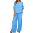 thumbnail image 1 of hoksml Women's 2-Piece Outfit Solid Round Neck Cuffed Sleeve Top and Wide Leg Pants Set, 1 of 7
