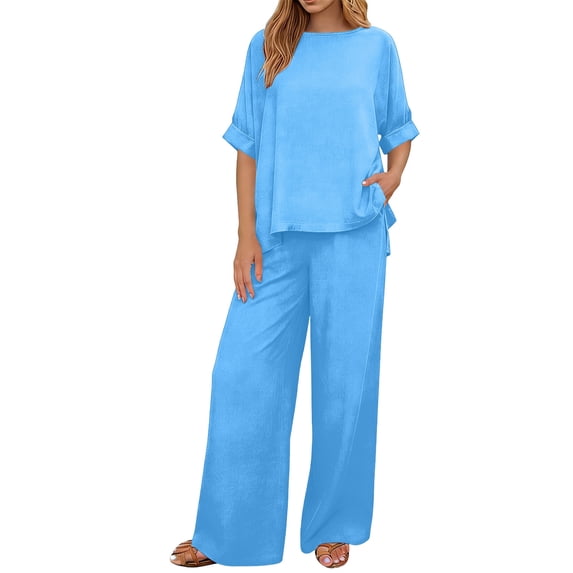 hoksml Women's 2-Piece Outfit Solid Round Neck Cuffed Sleeve Top and Wide Leg Pants Set
