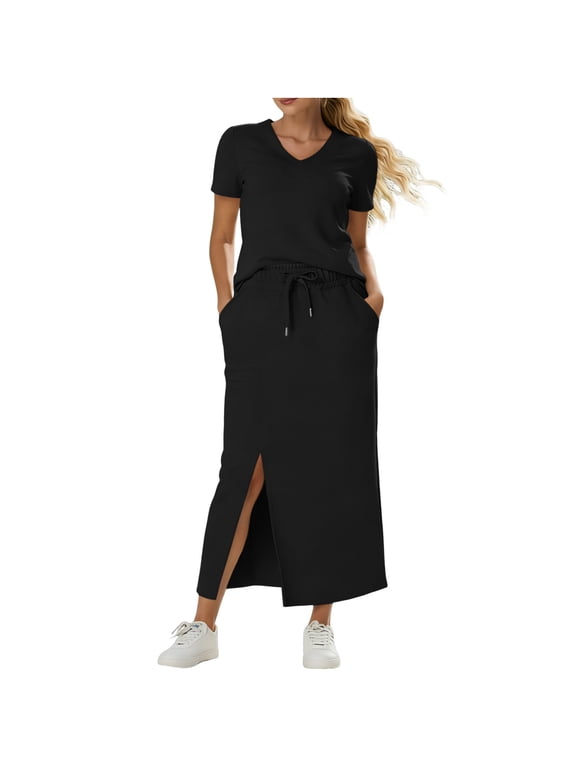 Women's 2 Piece Outfit V-Neck Short Sleeve Top and Drawstring Maxi Skirt Casual Set