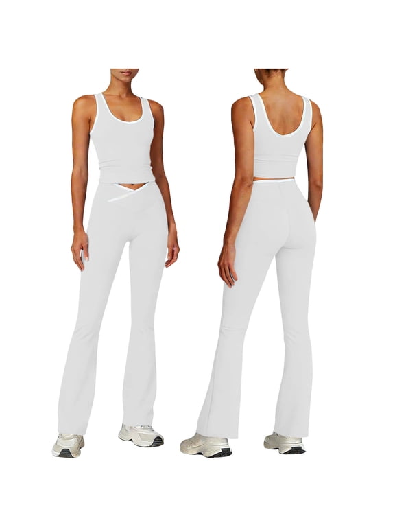 Women's 2 Piece Workout Sets, Sleeveless Crop Tank Top and Flare Leg Yoga Pants, Activewear Sets