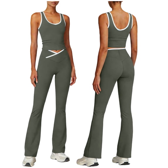 hoksml Women's 2 Piece Workout Sets, Sleeveless Crop Tank Top and Flare Leg Yoga Pants, Activewear Sets