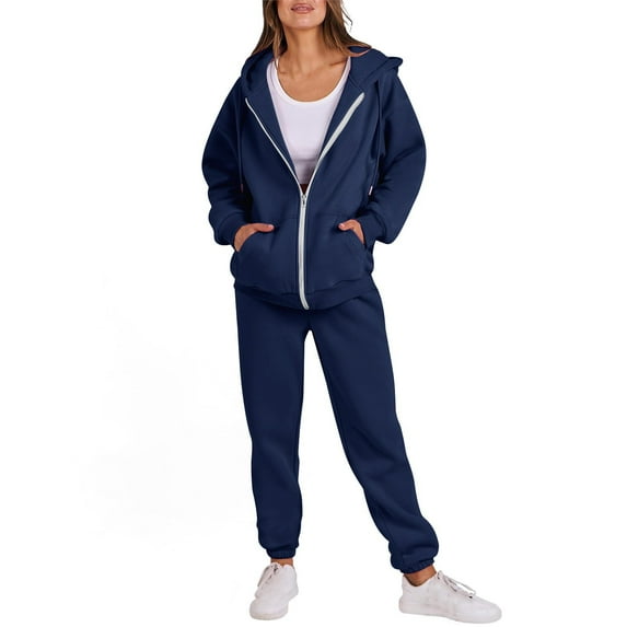 hoksml Women's 2-Piece Zip Up Hoodie Set with Joggers, Solid Color Lightweight Sportswear for Spring Fall Running Casual Outing