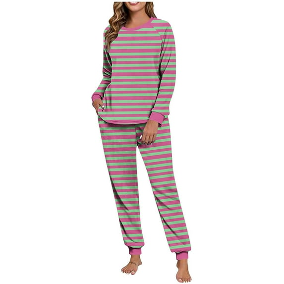 hoksml Women's 2-Side Fleece Loungewear Set Stripes Long Sleeve Top and Jogger Pants Pajamas Set Round Neck Pullover Winter Sleepwear Home Outfit