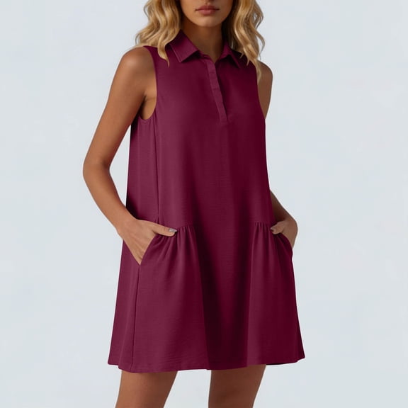 hoksml Women's 2026 Capsule Wardrobe Sleeveless Collared Shirt Mini Dress with Ruffle Pockets Casual Woven Dress
