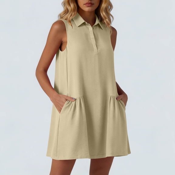 hoksml Women's 2026 Capsule Wardrobe Sleeveless Collared Shirt Mini Dress with Ruffle Pockets Casual Woven Dress