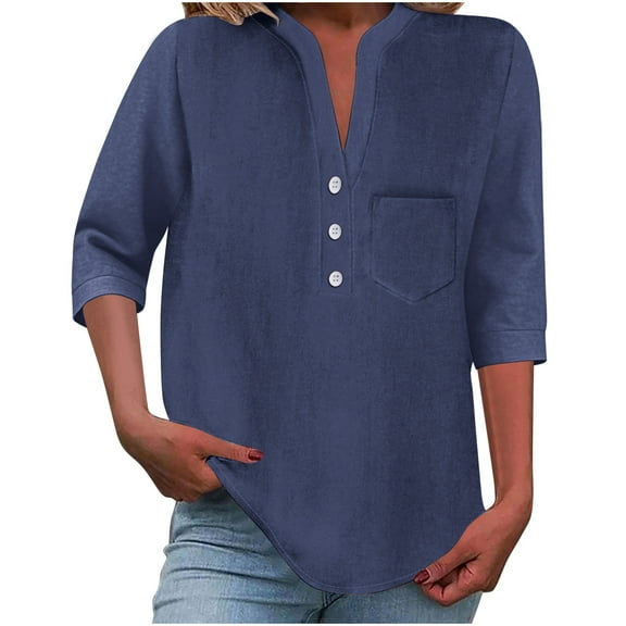 hoksml Women's 3/4 Sleeve V-Neck Pullover Blouse Plus Size Solid Color T-Shirt Style Top with Button Accent and Pocket
