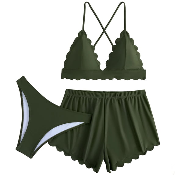 hoksml Women's 3-Piece Bikini Set Cross Back Top, Bikini Bottom and Swim Shorts - Adjustable Ties for Beach