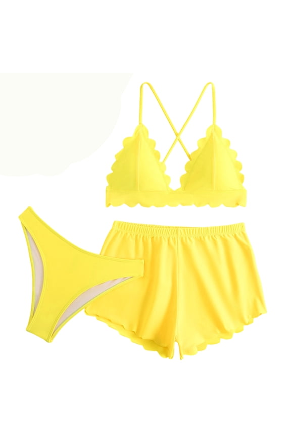 Women's 3-Piece Bikini Set Cross Back Top, Bikini Bottom and Swim Shorts - Adjustable Ties for Beach