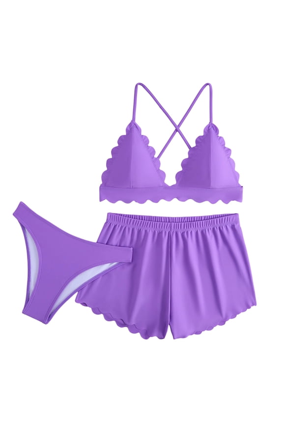 Women's 3-Piece Bikini Set Cross Back Top, Bikini Bottom and Swim Shorts - Adjustable Ties for Beach