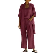 hoksml Womens 3 Piece Linen Set, Summer Outfits for Women, Open Front Cardigan, Cami Top and Wide Leg Pants