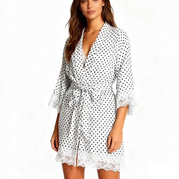 hoksml Women's 4-Piece Satin Loungewear Set Long Sleeve Robe, Lace Cami and Panty, Shorts Soft Sleepwear Home Wear