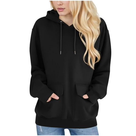 hoksml Women's Active Hoodies Casual Loose Solid Color Double Pocket Long Sleeved Hooded Drawstring Sweatshirt