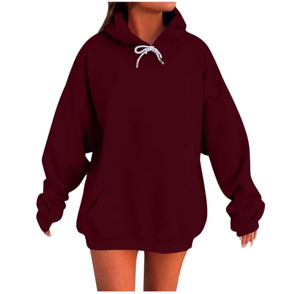 hoksml Women's Active Hoodies Casual Solid Color Long Sleeve Hooded Drawstring Sweatshirts Fashion Pocket Pullover Tops