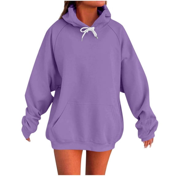 hoksml Women's Active Hoodies Casual Solid Color Long Sleeve Hooded Drawstring Sweatshirts Fashion Pocket Pullover Tops