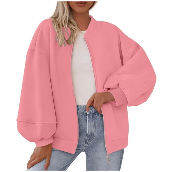 hoksml Women's Active Jackets Solid Color Double Pocket Long Sleeved Zipper Coats Hoodless Stand-Up Collar Casual Outwear Top