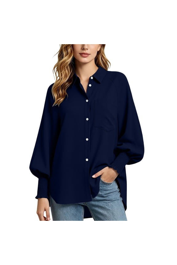 Women's Balloon Sleeve Blouses, Smocked Cuff Button Front Raglan Back Pleated Pocket Casual Daily Shirts