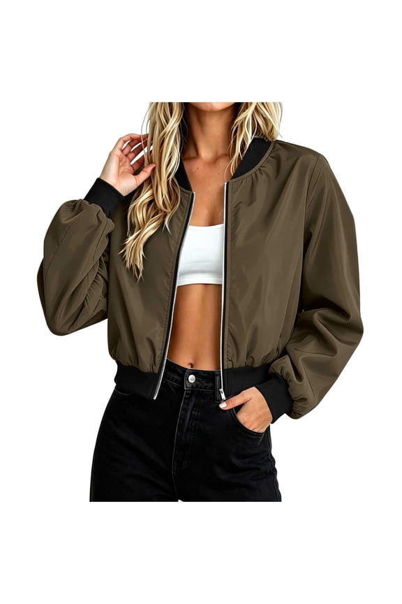 Women's Baseball Jacket, Ribbed Collar Zip Up Long Sleeve Waterproof Windproof Outerwear with Side Pockets, Cropped Loose Fit Solid Color