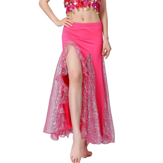 hoksml Women's Belly Dance Skirt, High Slit Maxi Skirt with Sparkly Mesh Panels and Elastic Waist for Performance