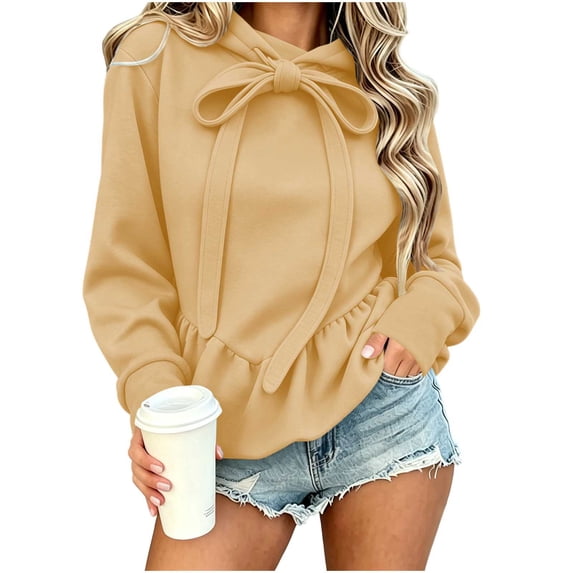 hoksml Women's Big Bow Drawstring Hooded Sweatshirt Ruffle Peplum Hem Long Sleeve Casual Pullover Street