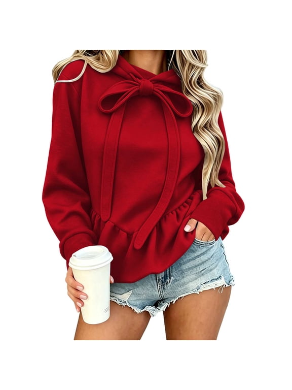 Women's Big Bow Drawstring Hooded Sweatshirt Ruffle Peplum Hem Long Sleeve Casual Pullover Street