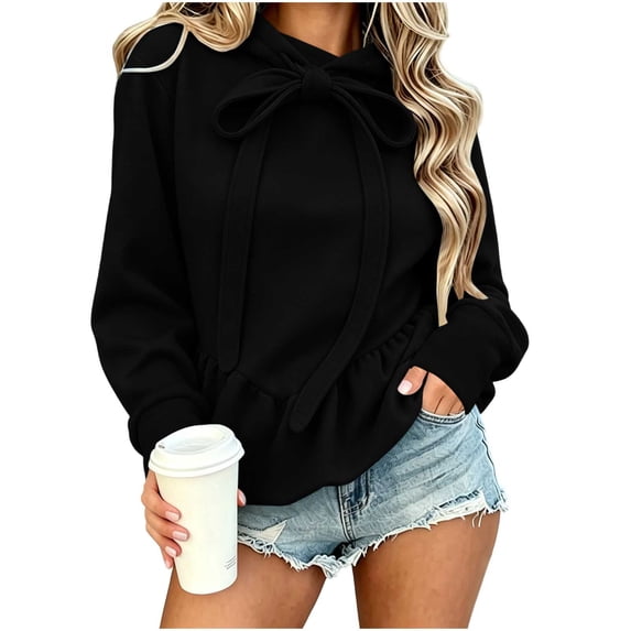 hoksml Women's Big Bow Drawstring Hooded Sweatshirt Ruffle Peplum Hem Long Sleeve Casual Pullover Street