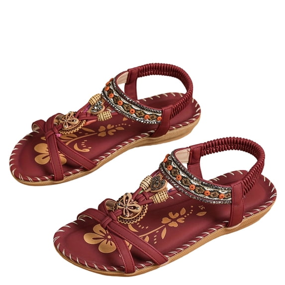 hoksml Women's Boho Beaded Flat Sandals, Elastic Ankle Strap Open Toe Summer Shoes, Multicolor