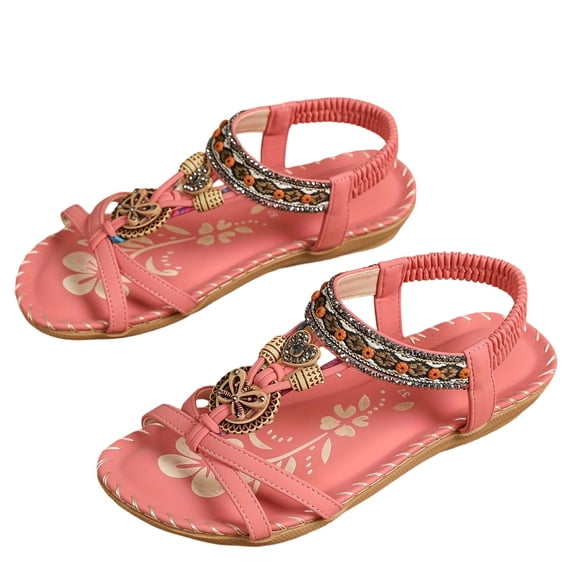 hoksml Women's Boho Beaded Flat Sandals, Elastic Ankle Strap Open Toe Summer Shoes, Multicolor
