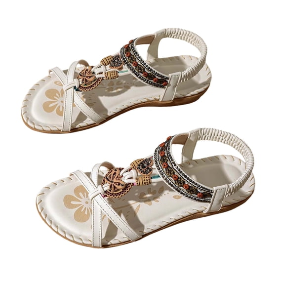 hoksml Women's Boho Beaded Flat Sandals, Elastic Ankle Strap Open Toe Summer Shoes, Multicolor
