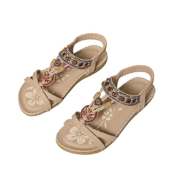 hoksml Women's Boho Beaded Flat Sandals, Elastic Ankle Strap Open Toe Summer Shoes, Multicolor