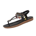 thumbnail image 1 of hoksml Women's Boho Beaded T-Strap Flat Sandals, Elastic Ankle Strap, Rhinestone and Pearl Accent Beach Shoes, 1 of 9