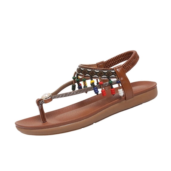 hoksml Women's Boho Beaded T-Strap Flat Sandals, Elastic Ankle Strap, Rhinestone and Pearl Accent Beach Shoes