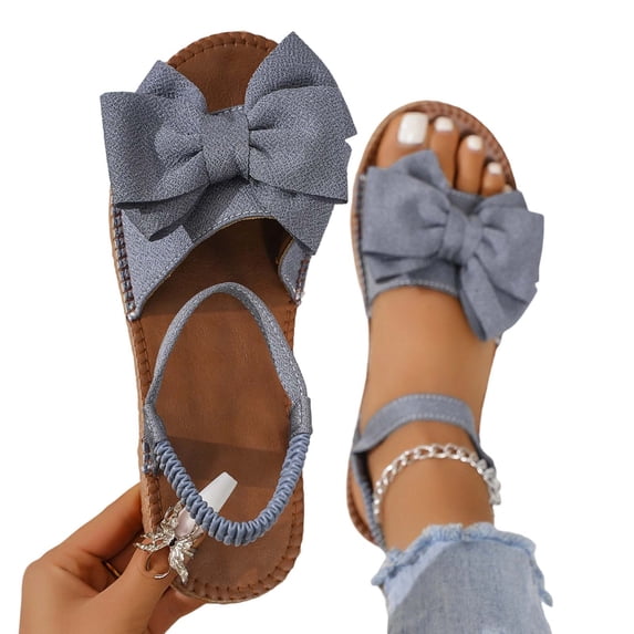 hoksml Women's Bow Decor Flat Sandals Elastic Ankle Strap Open Toe Summer Casual Dressy Shoes