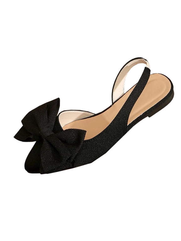 Women's Bow Decor Slingback Flats, Pointed Toe, Flock Dress Shoes for Party Wedding