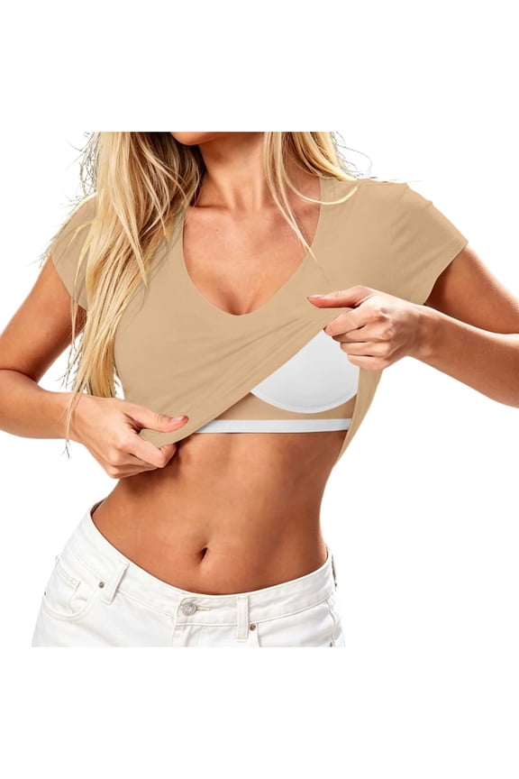 Women's Built-in Bra T-shirt, Short Sleeve Slim Fit Crop Top, Casual Basic Daily Street Wear Tee