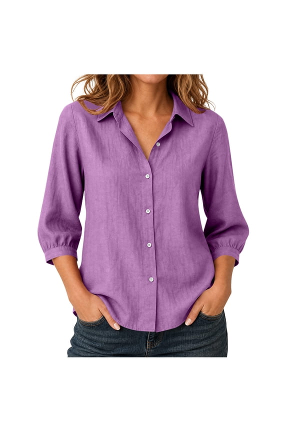 Women's Button Down Linen Blend Shirt, Puff Cuff 3/4 Sleeve Relaxed Fit Casual Blouse for Office Daily Vacation Wear