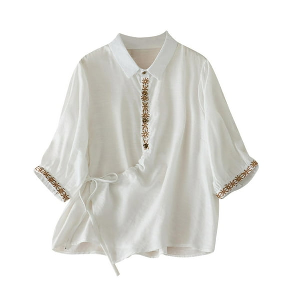 hoksml Women's Button-Down Tie Shirts Spring Summer Linen Blouses Collared Short Sleeves Turndown Collar Solid Color Loose Tops