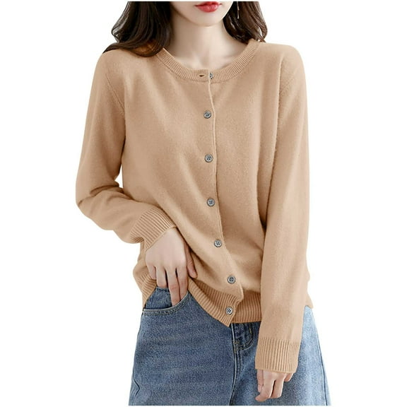 hoksml Women's Button Knit Cardigan Sweater Solid Color Long Sleeve Crewneck Open Front Knit Coat Soft Comfortable Casual Lightweight Cover-Up