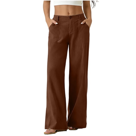 hoksml Women's Button Waist Wide Leg Trousers, Cotton Blend Casual Pants with Pockets for Daily Wear