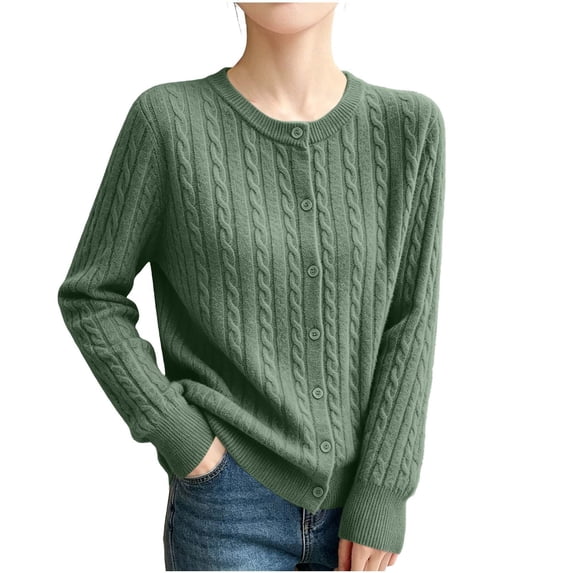 hoksml Women's Cable Knit Cardigan Crew Neck Button Down Long Sleeve Slim Fit Cotton Knit Sweater