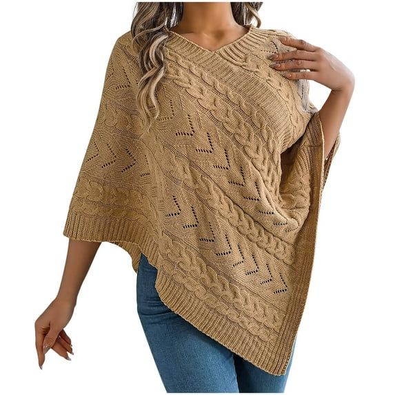 hoksml Women's Cable Knit Poncho Sweater Solid Color Oversized Cape Cardigan Casual Fall Winter Loose Fit Cover-Up