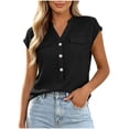 thumbnail image 1 of hoksml Women's Cap Sleeve Blouse, V Neck Henley Casual Shirt with Pockets, Loose Fit Work Tops for Office Daily Wear, 1 of 6