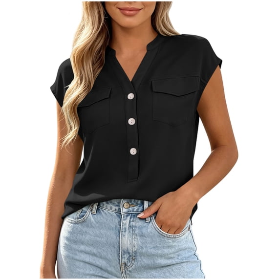 hoksml Women's Cap Sleeve Blouse, V Neck Henley Casual Shirt with Pockets, Loose Fit Work Tops for Office Daily Wear