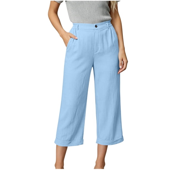 hoksml Women's Capri Straight Leg Button Pants with Rolled Cuffs and Pockets, Loose Fit Pants for Daily and Work Wear
