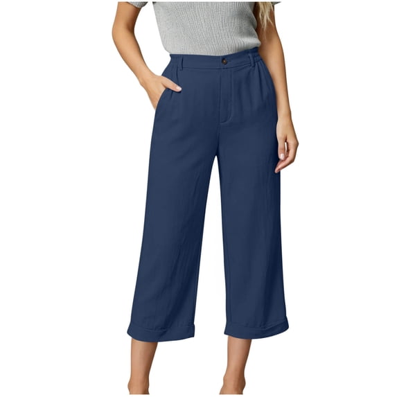 hoksml Women's Capri Straight Leg Button Pants with Rolled Cuffs and Pockets, Loose Fit Pants for Daily and Work Wear