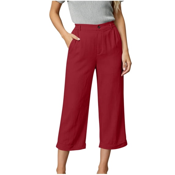 hoksml Women's Capri Straight Leg Button Pants with Rolled Cuffs and Pockets, Loose Fit Pants for Daily and Work Wear