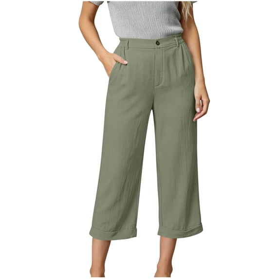 hoksml Women's Capri Straight Leg Button Pants with Rolled Cuffs and Pockets, Loose Fit Pants for Daily and Work Wear