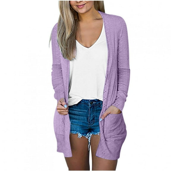 hoksml Women's Cardigan Coats Solid Color Long Sleeve Pocket Mid-length Casual Mesh Outwear Tops