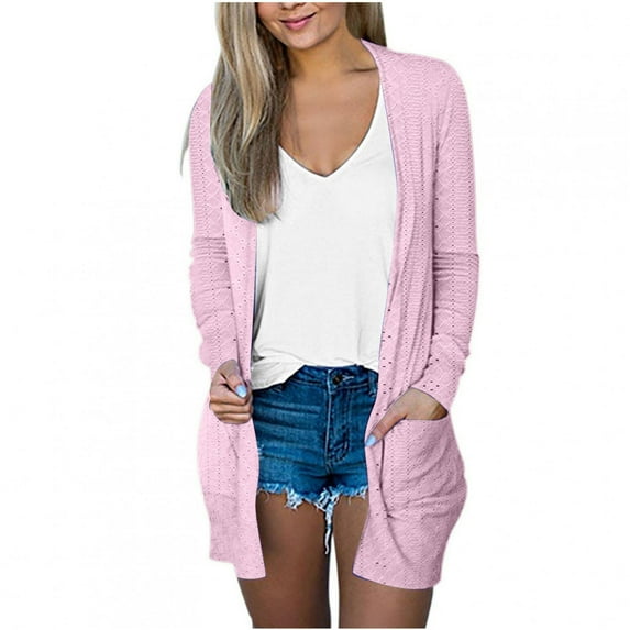 hoksml Women's Cardigan Coats Solid Color Long Sleeve Pocket Mid-length Casual Mesh Outwear Tops