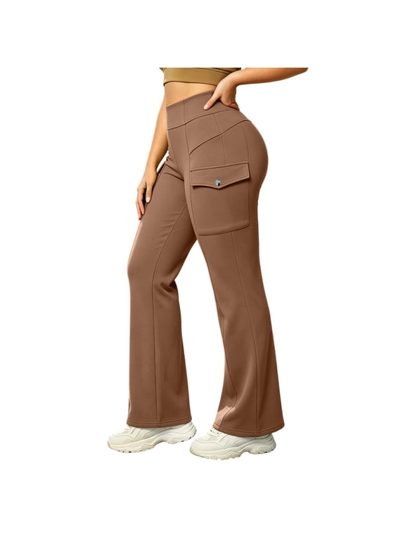Women's Cargo Flare Pants, Solid Color Stretch Bootcut Trousers with Side Cargo Pockets