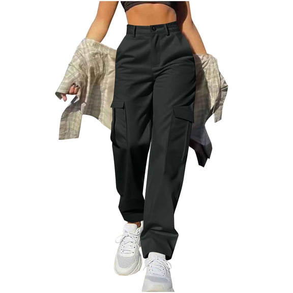 hoksml Women's Cargo Pants Solid-Color Elastic Waist Button Casual Pants Outdoor Tactical Hiking Travel Plus Size Straight Work Pants with Pocket S-5XL